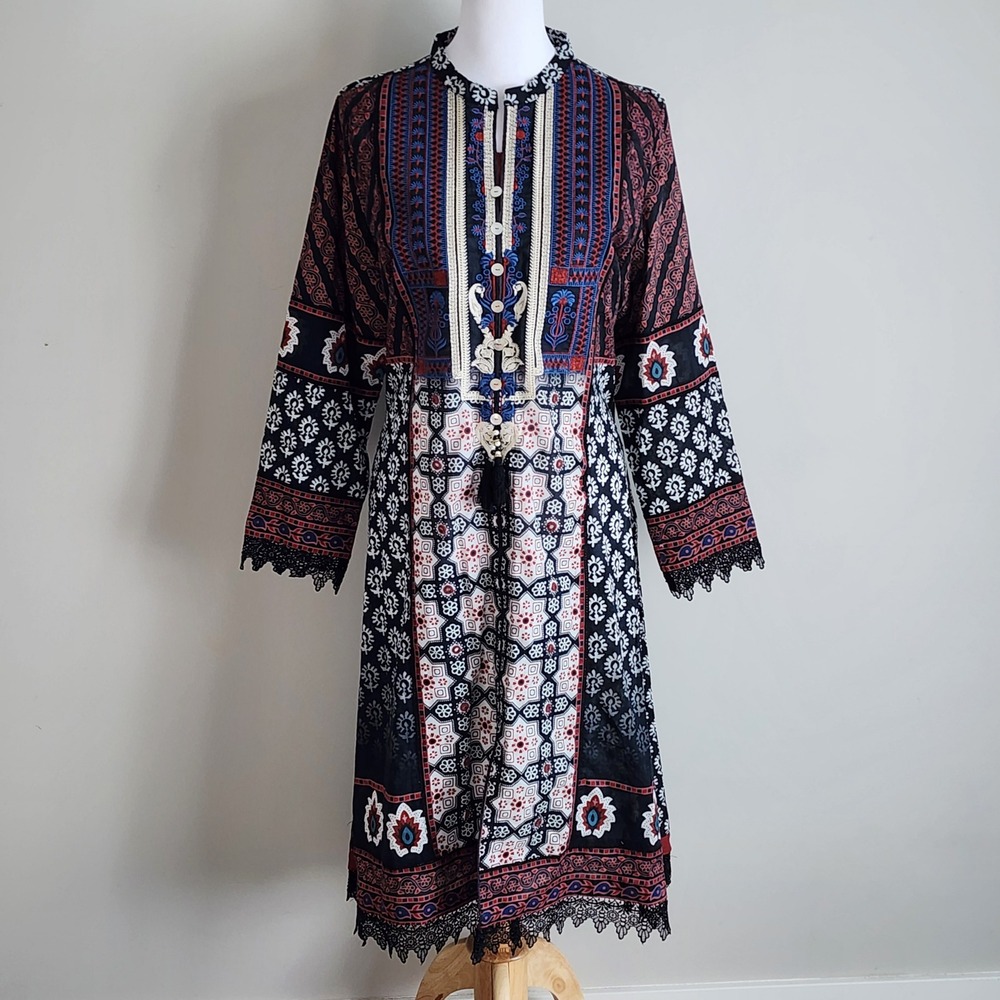 Beximco Luxury Lawn Kurta Women XL Black Embroidered Lace Trim Tassel Boho Dress